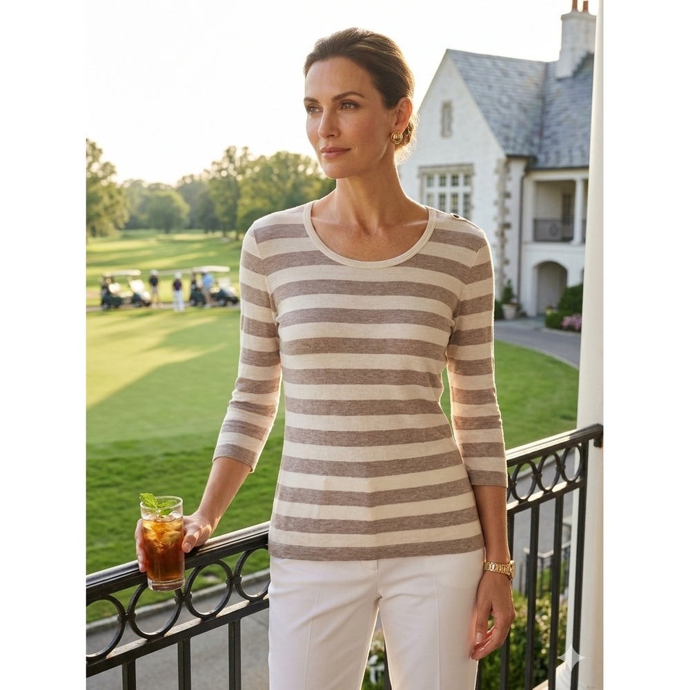 St. John Striped 3/4 Sleeve Knit Top Taupe Cream Shoulder Zip Detail Small